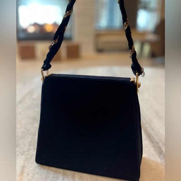VTG Satchel Black velvety suede Custom Made by Calem Gold Chain Accent Handbag - Picture 2 of 13